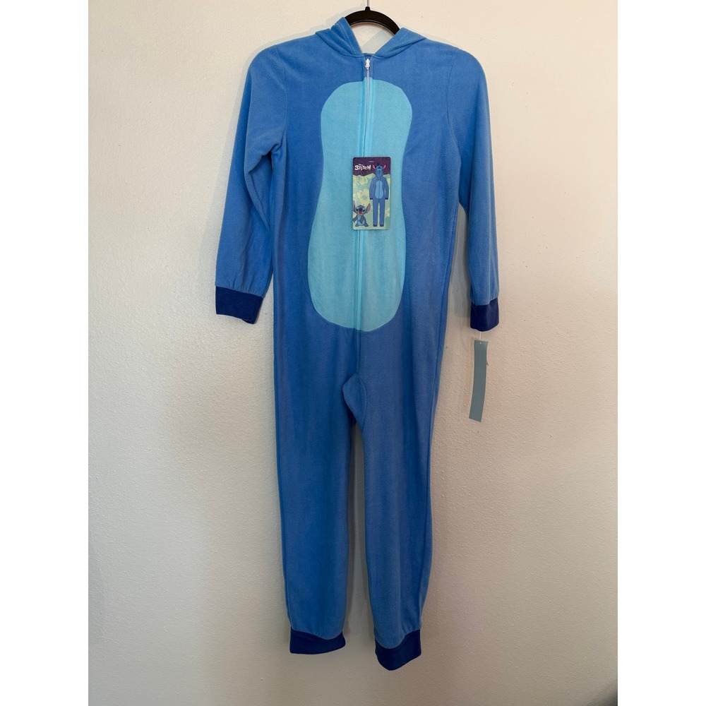Disney Stitch Blue Fleece Hooded Union Suit One Piece Pajamas Kids L 10/12 NEW